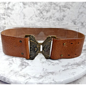 Massimo Dutti Boho Brown Pebbled Leather Wide Belt Size 28 Brass Floral Buckle